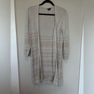 Theory Long Open-Front Cardigan in Cream and Tan Stripes